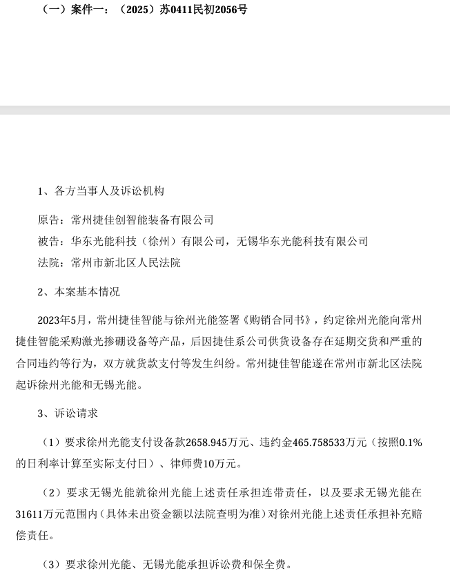 涉設備買(mǎi)賣(mài)合同糾紛！華東重機光伏子公司被告